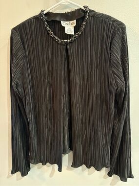 Vintage Cachet Black Pleated Beaded Neck Jacket Size 14